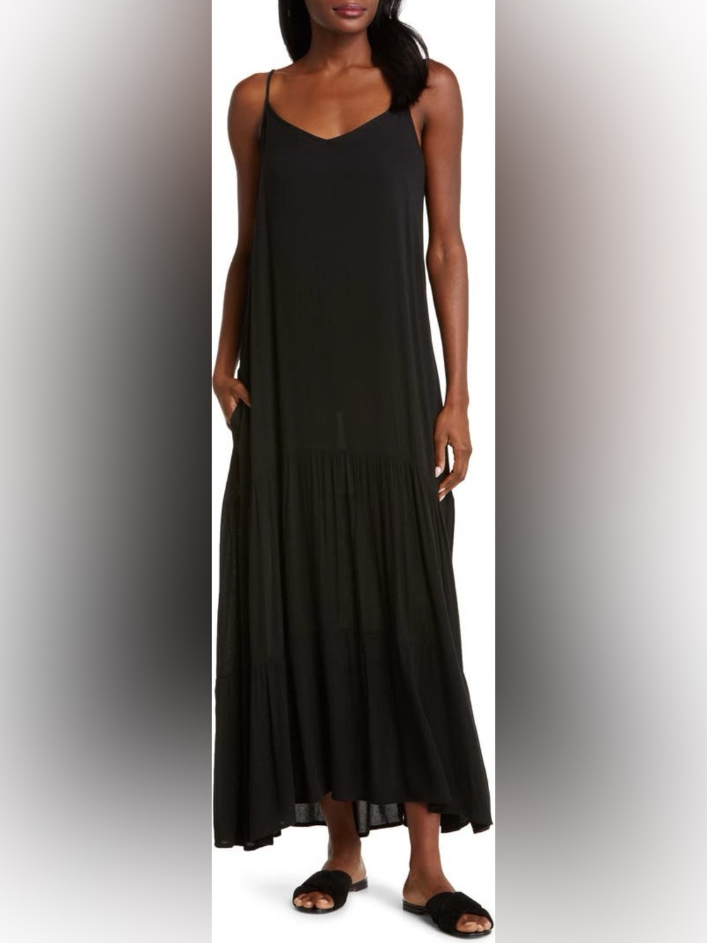 Elan Black Tiered Gauze Maxi Dress